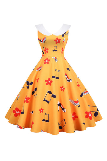 Robe vintage jaune imprimée sans manches